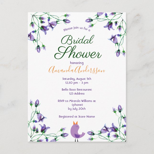 Bridal Shower violet florals bluebells white Invitation Postcard (Front)