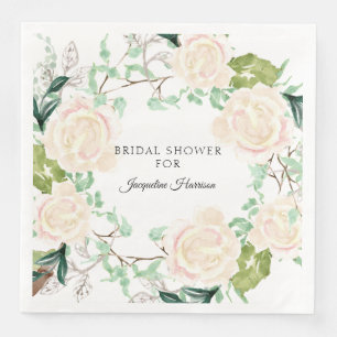 Bridal Shower Watercolor Art Floral Ivory Roses Napkin