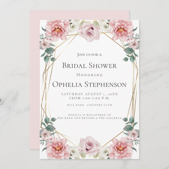BRIDAL SHOWER | Watercolor Baby Rosa Pink Flowers Invitation (Front/Back)