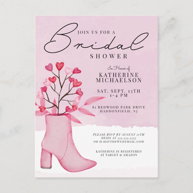 BRIDAL SHOWER | Watercolor Boot & Heart Bouquet Postcard (Front)