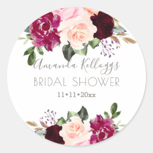 Bridal Shower Watercolor Burgundy Pink Flowers Classic Round Sticker