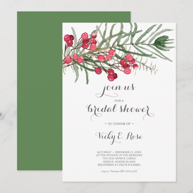 Bridal Shower Watercolor Evergreen and Red Berries Invitation (Front/Back)