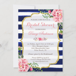 Bridal Shower Watercolor Floral Navy Blue Stripes Invitation