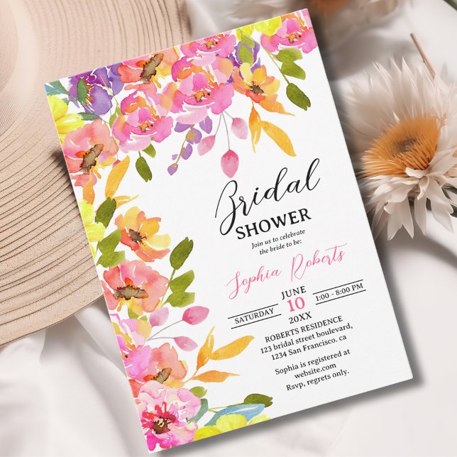 Bridal Shower watercolor flowers yellow and pink Invitation (Creator Uploaded)