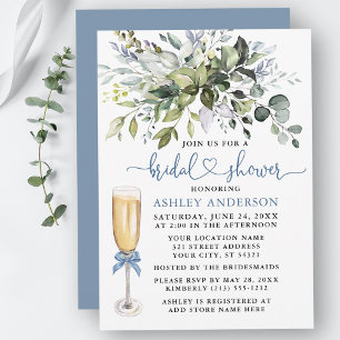 Bridal Shower Watercolor Greenery Dusty Blue Heart Invitation