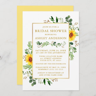 Bridal Shower Watercolor Greenery Sunflowers Gold Invitation
