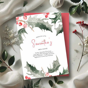 Bridal Shower Watercolor Holly Christmas Invitation