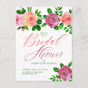 Bridal Shower   Watercolor Pink & Orange Roses Postcard