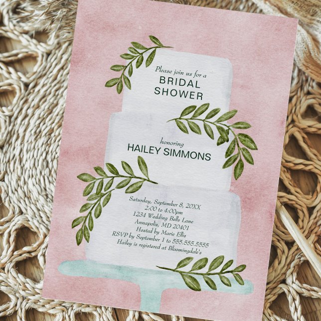 Bridal Shower Watercolor Wedding Cake w/ Greenery Invitation (Creator Uploaded)
