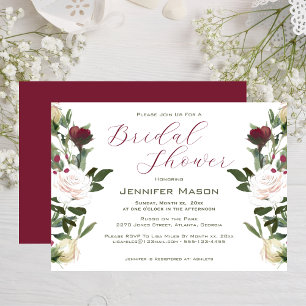 Bridal Shower Watercolor White Roses Cranberry Invitation