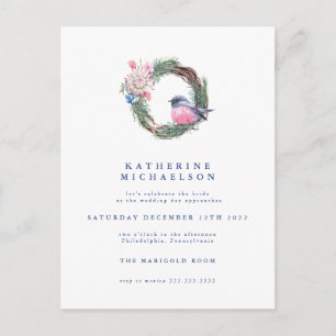 BRIDAL SHOWER   Watercolor Winter Sparrow Wreath Postcard