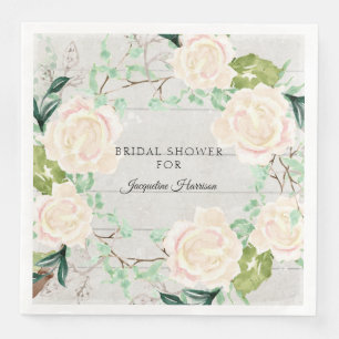 Bridal Shower Watercolor Wood Floral Ivory Roses Napkin