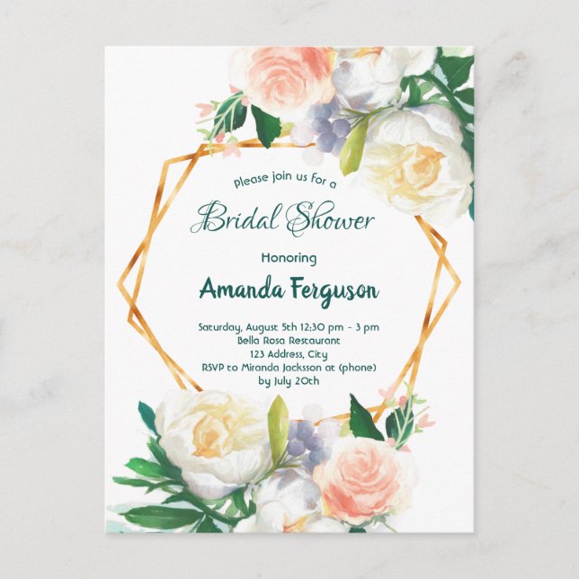 Bridal shower watercolored floral green invitation postcard (Front)