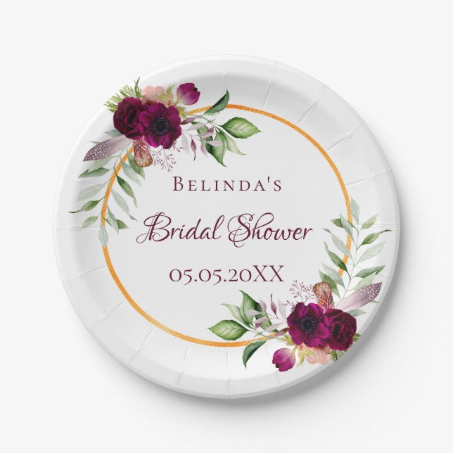 Bridal Shower watercolored florals burgundy Paper Plate (Front)