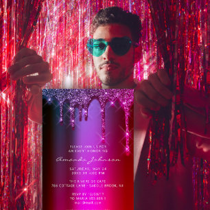 Bridal Shower Wedding Birthday Pink Purple Drips Invitation