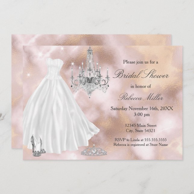 Bridal Shower Wedding Dress Beige Marble White Invitation (Front/Back)