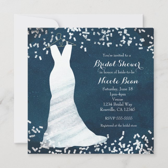 Bridal Shower Wedding Dress on Hanger & Confetti Invitation (Front)