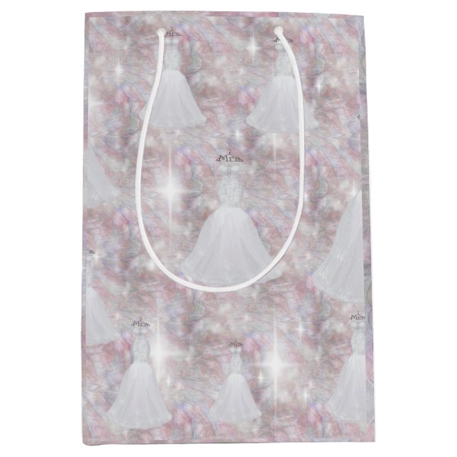 Bridal Shower Wedding Dress Pastel Glitter Lights Medium Gift Bag (Front)