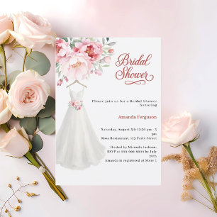 Bridal shower wedding dress pink flowers invitation