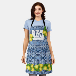 Bridal shower wedding gift blue tiles lemon custo  apron