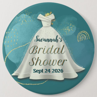 Bridal Shower Wedding Gown Deep Teal Gold Glitter  6 Cm Round Badge