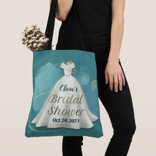 Bridal Shower Wedding Gown Deep Teal Gold Glitter Tote Bag
