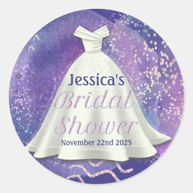 Bridal Shower Wedding Gown Purple & Rose Gold Glam Classic Round Sticker (Front)