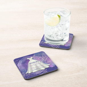 Bridal Shower Wedding Gown Purple & Rose Gold Glam Coaster