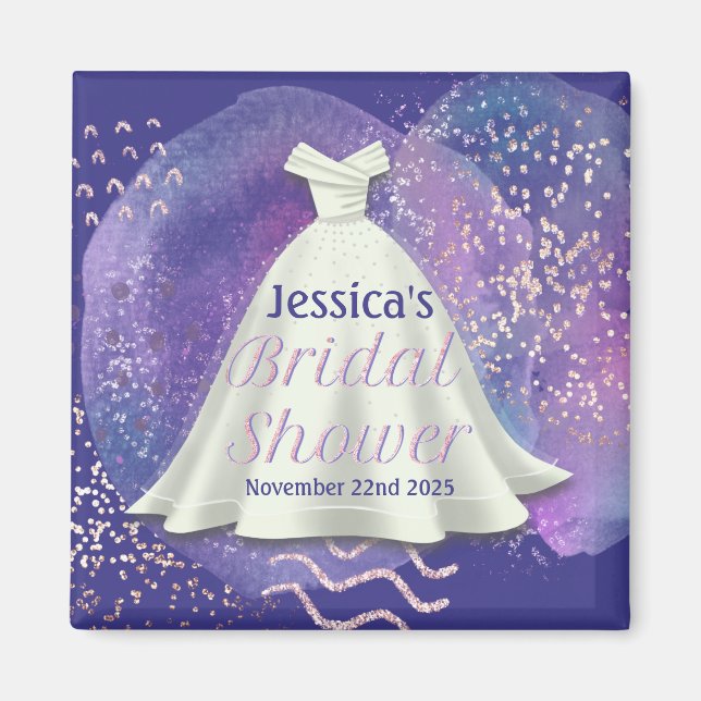 Bridal Shower Wedding Gown Purple & Rose Gold Glam Magnet (Front)
