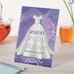 Bridal Shower Wedding Gown Purple & Rose Gold Glam Pedestal Sign