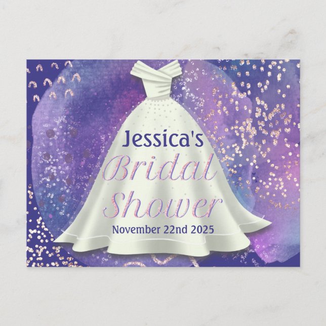Bridal Shower Wedding Gown Purple & Rose Gold Glam Postcard (Front)