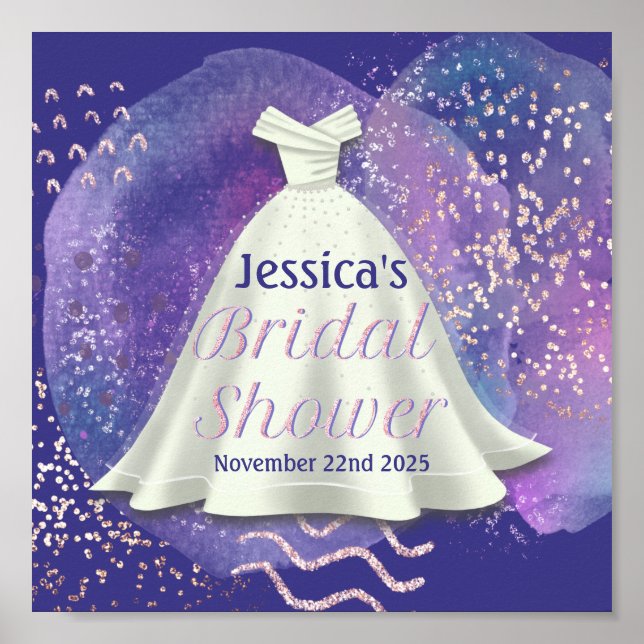Bridal Shower Wedding Gown Purple & Rose Gold Glam Poster (Front)