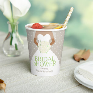 Bridal shower wedding white dress green roses  paper cups