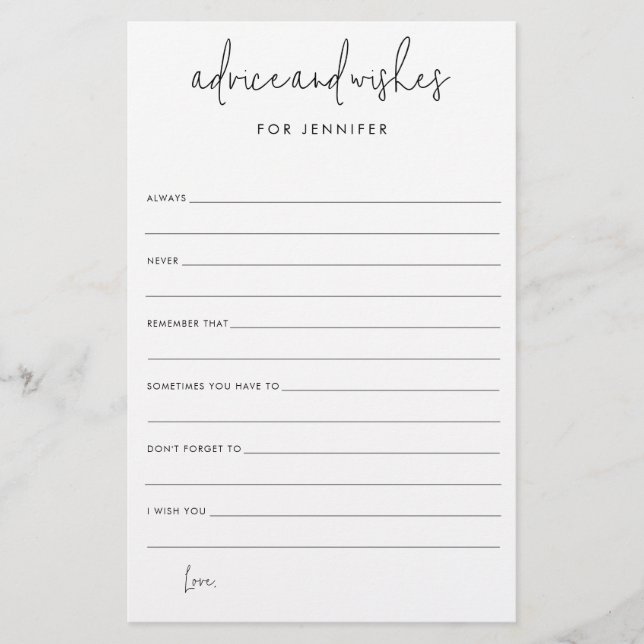 Bridal Shower Wedding Wishes & Advice Paper Card (Front)