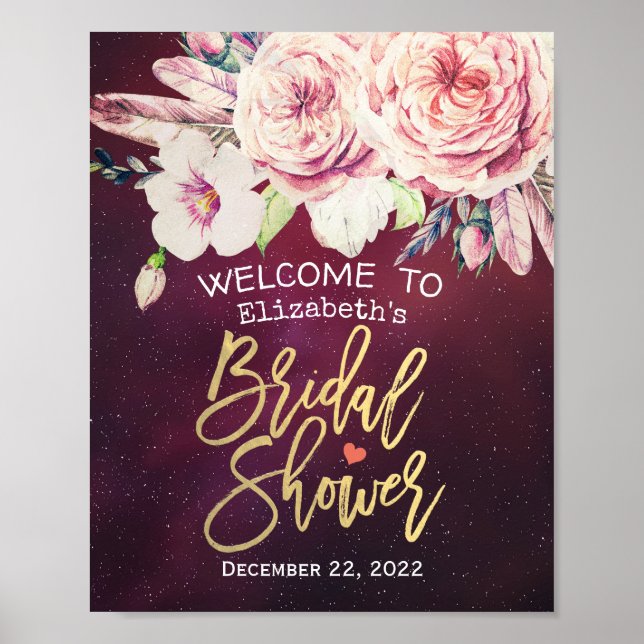 Bridal Shower Welcome Floral Feathers Burgundy Red Poster (Front)