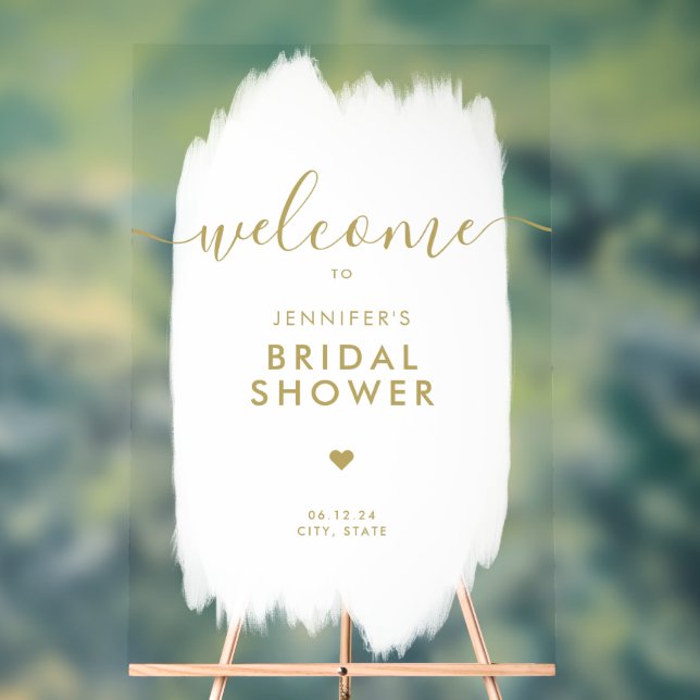 Bridal Shower Welcome Gold Script White Paint Acrylic Sign (Neutral)