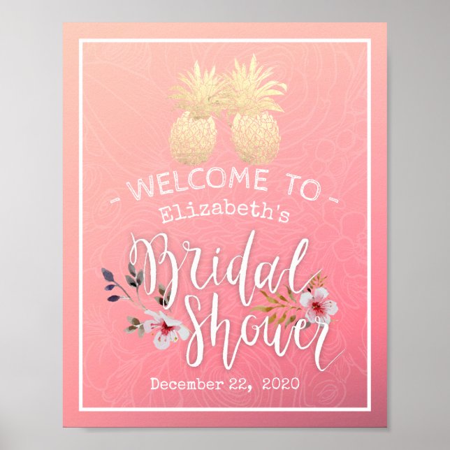 Bridal Shower Welcome Modern Gold Pineapple Couple Poster (Front)
