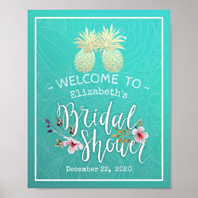 Bridal Shower Welcome Modern Gold Pineapple Couple Poster (Front)