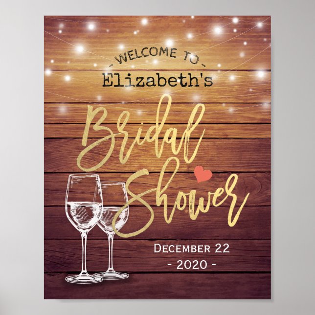 Bridal Shower Welcome Rustic Wood Champagne Glass Poster (Front)