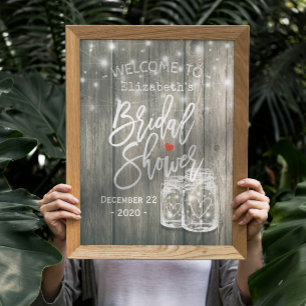Bridal Shower Welcome Rustic Wood Mason Jar Lights Poster