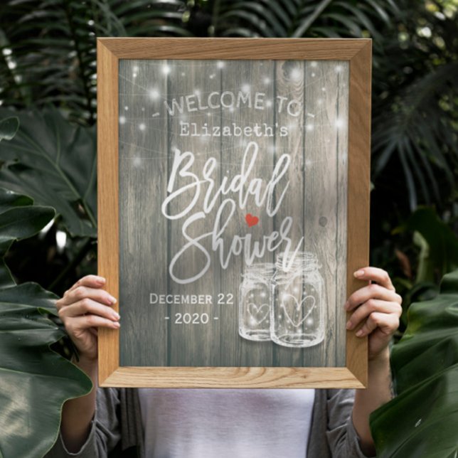 Bridal Shower Welcome Rustic Wood Mason Jar Lights Poster (Creator Uploaded)