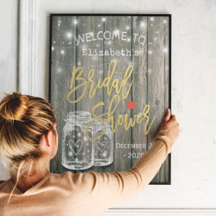 Bridal Shower Welcome Rustic Wood Mason Jar Lights Poster