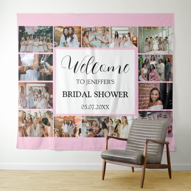 Bridal Shower Welcome Script Pink 14 Photo Collage Tapestry (In Situ (Horizontal))