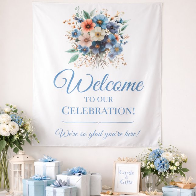 Bridal Shower Welcome Sign Blue Floral Event Sign Tapestry (Creator Uploaded)
