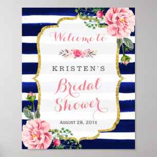 Bridal Shower Welcome Sign Pink Floral Navy Stripe