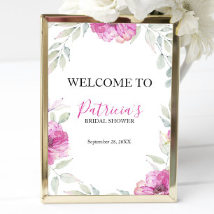 Bridal Shower Welcome Sign Pink Watercolor Flowers
