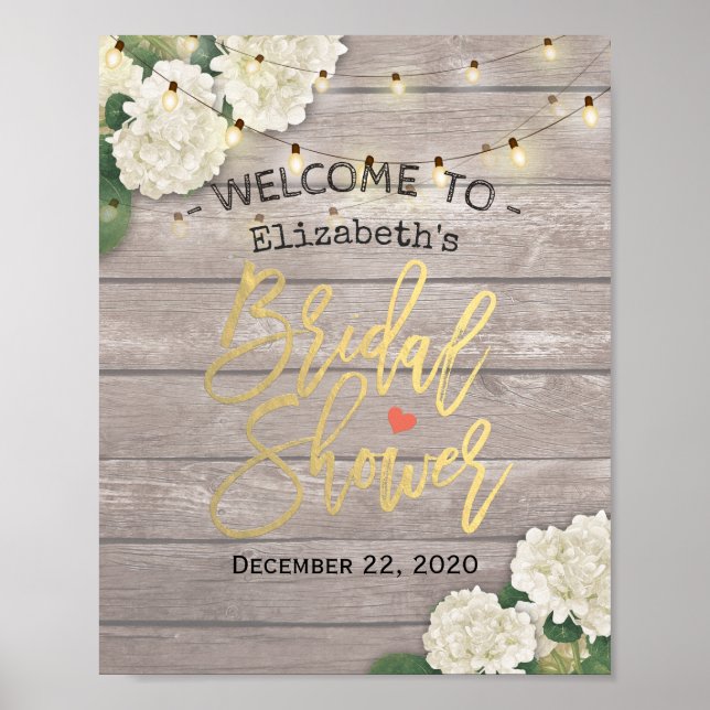 Bridal Shower Welcome Wood Flowers String Lights Poster (Front)