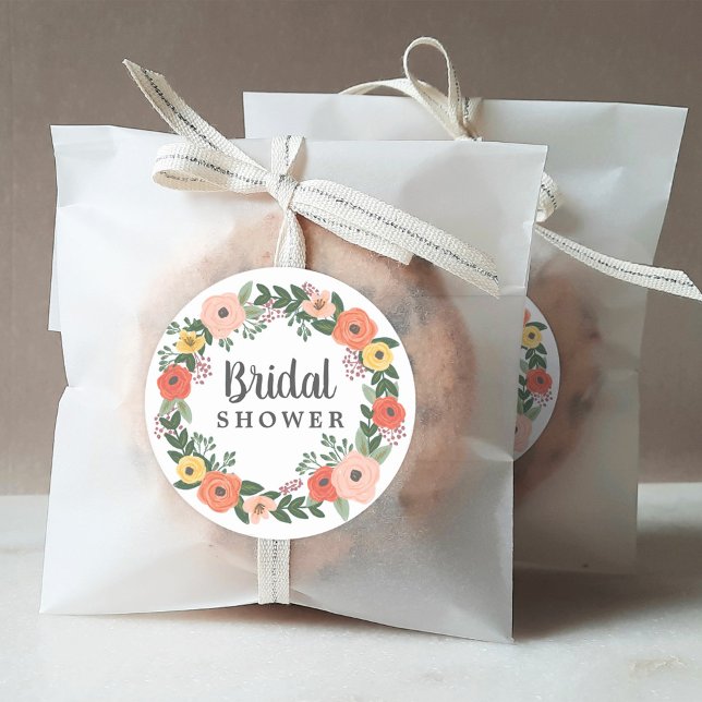 Bridal Shower Whimsical Blush Coral Floral Wreath Classic Round Sticker (Creator Uploaded)