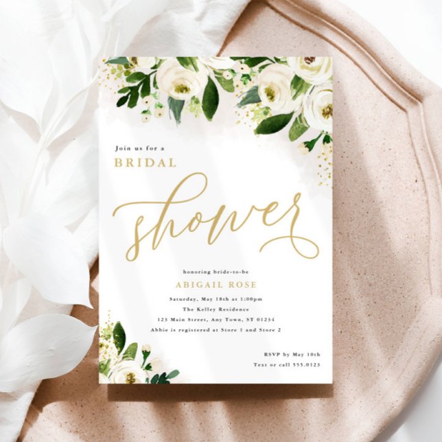 Bridal Shower White and Gold Watercolor Flowers Invitation (Creator Uploaded)