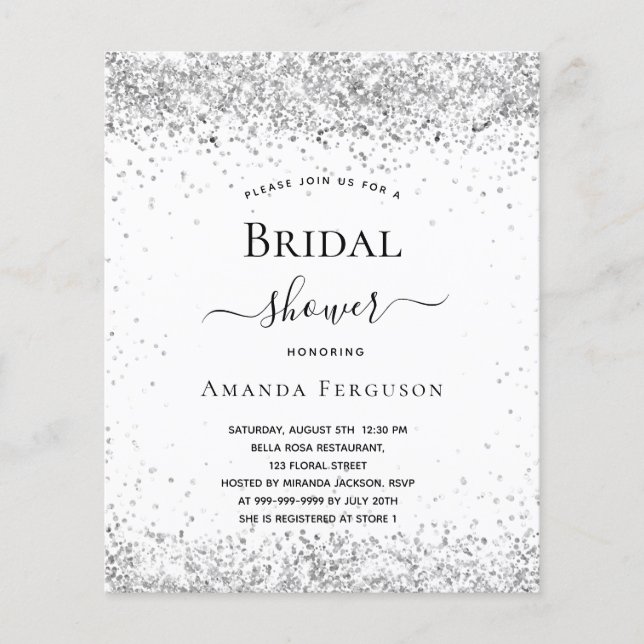 Bridal shower white silver budget invitation flyer (Front)